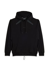Felpa nera con cappuccio, caratterizzata da un cordoncino, logo sul petto e accenti contrastanti sulle spalle. Realizzata in tessuto morbido con un fit rilassato.