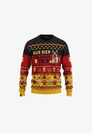 Knit sweater featuring a black, red, and yellow color scheme. Design includes a dog, beer mugs, pretzels, and nutcracker patterns.