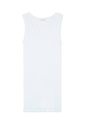 Top sin mangas blanco hecho de suave tela de algodón. Presenta un escote redondeado y bordes limpios y acabados.