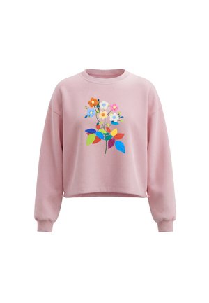 Lyserød sweatshirt med lange ærmer med farverige broderede blomster og flerfarvede blade foran.