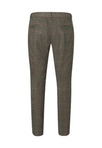 Braune karierte Hose aus strukturiertem Stoff, schlanker Schnitt, zwei Gesäßtaschen und ein elastischer Bund für einen bequemen Sitz.