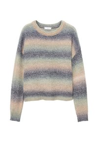 Večerja večbarvni pleteni pulover s krožno izrezom in dolgimi rokavi. Oblika vključuje vodoravne črte v pastelnih odtenkih in sivi barvi.