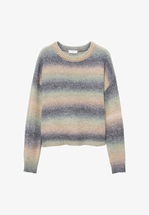 Pulover tricotat multicolor cu guler rotund și mâneci lungi. Designul include dungi orizontale în nuanțe pastelate și gri.