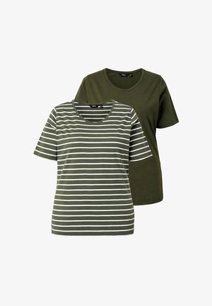 Ulla Popken, T-SHIRTS, 2ER-PACK, UNI/STREIFEN, V-AUSSCHNITT, HALBARM - T-shirts basic - forest green
