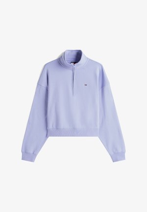 Lavender cropped Sweatshirt mit hohem Kragen, halbem Reißverschluss und geripptem Saum. Mit gesticktem Logo auf der Brust. Weicher Stoff.