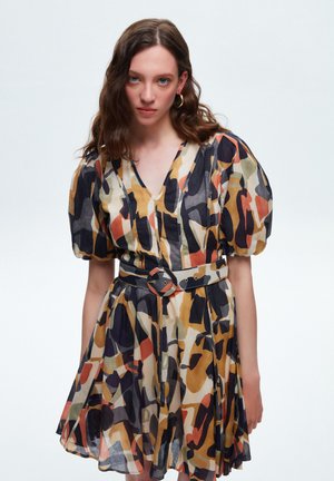 BALLOON SLEEVE V NECK  - Day dress - patterned camel