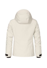 Weißer Wintermantel mit Kapuze, von hinten gezeigt, mit langen Ärmeln und verstellbaren schwarzen Handgelenkriemen.
