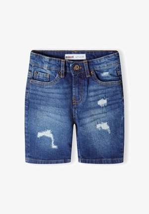 Blå denimshorts til børn med forlommer, bæltestropper, knaplukning og slidte detaljer på benene.
