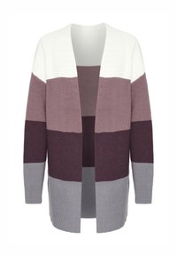Pletený cardigan s bílým, světle fialovým, tmavě fialovým a šedým pruhovaným vzorem. Otevřený vpředu, dlouhé rukávy a texturovaný povrch.