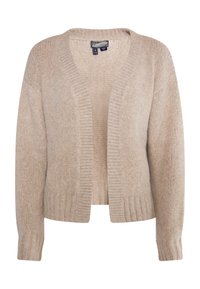 Beige gebreide cardigan met open voorkant, geribbelde mouwen en zoom. De textuur is zacht en licht pluizig, wat een gezellige uitstraling benadrukt.
