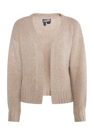 Beige gestrickter Cardigan mit offenem Vorderteil, gerippten Bündchen und Saum. Die Textur ist weich und leicht flauschig, was ein gemütliches Erscheinungsbild unterstreicht.