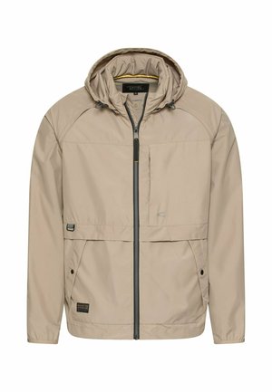 Beige letvægtsjakke med hætte og lynlås foran, justerbar snøre i hætten, to sidelommer med trykknapper og et lille logopatch ved kanten.