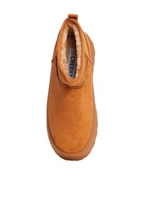 Botas de tobillo de ante marrón con forro de piel suave, paneles laterales elásticos y una suela de goma texturizada. Incluyen una pestaña en la parte trasera para facilitar el calzado.