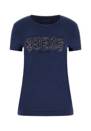 Marineblauw T-shirt met korte mouwen met "GUESS" in strass-steentjes en "EST. 1981" gedrukt eronder aan de voorkant.