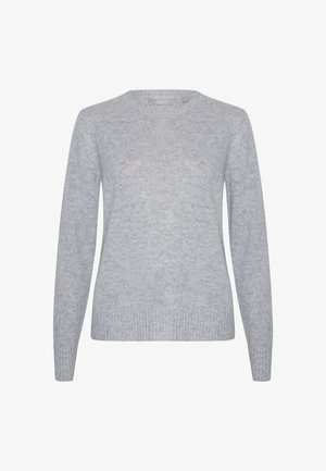 Hellgrauer Pullover aus weichem Stoff, mit Rundhalsausschnitt, langen Ärmeln sowie gerippten Bündchen und Saum. Keine Muster oder auffälligen Akzente.