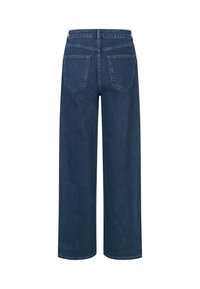 Dark blue wide-leg jeans with a high waist, made of denim, featuring two back pockets and plain stitching along the seams.