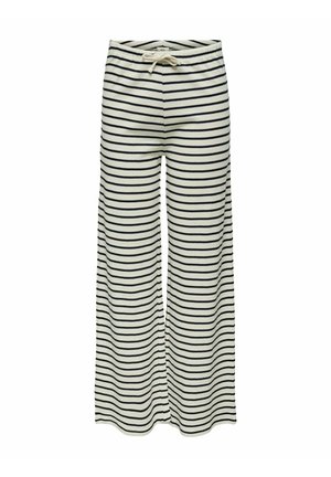 Gestreifte weite Hosen mit einer cremefarbenen Basis und marineblauen horizontalen Streifen, aus weichem Stoff, mit einem elastischen Bund und Kordelzug.