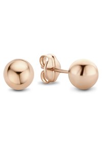 Ohrringe aus roségold mit zwei sphärischen Perlen und einer polierten Oberfläche, ausgestattet mit einem sicheren Klappverschluss.