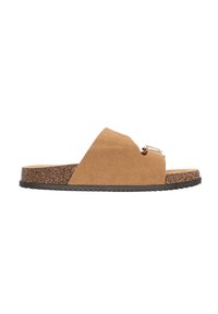 Sandal in suede marrone a slip-on con tomaia curva, soletta in sughero e suola in gomma nera. Presenta un piccolo accento metallico sul davanti.