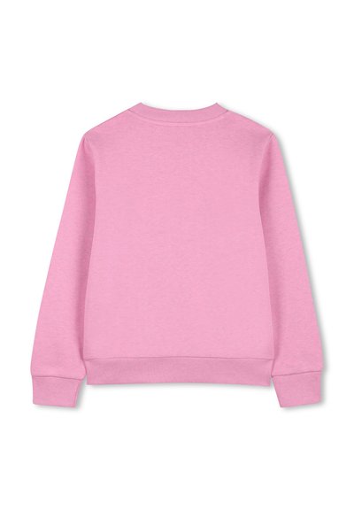 Sweat-shirt rose, texture du tissu lisse, avec poignets et ourlet côtelés, col rond, couleur unie, sans motifs ou détails supplémentaires.