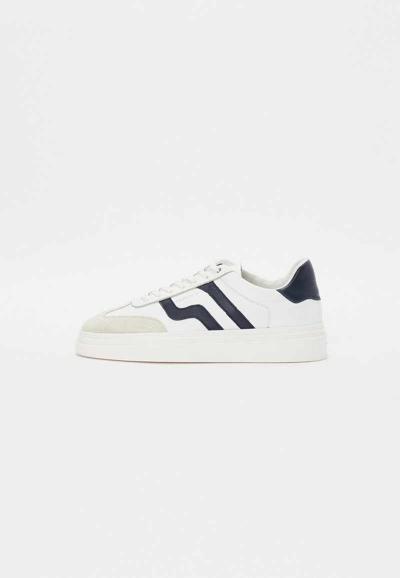 White sneaker with suede and leather panels. Features navy blue stripes, flat white laces, and a thick white sole.