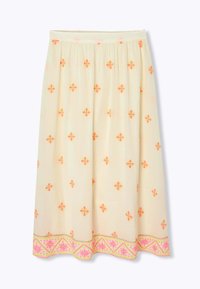 Une jupe midi beige avec une taille froncée, ornée de broderies florales multicolores et d'un ourlet à motifs en rose et vert.