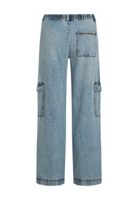 Light blue denim cargo pants with a relaxed fit, elastic waistband, side pockets, and single back pocket. Distressed texture detail.