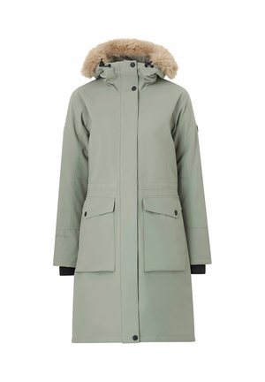 Hellgrüner Parka mit fellgefütterter Kapuze, zwei Fronttaschen und schwarzen Ärmeln. Verfügt über Knopfverschlüsse und einen geraden Schnitt.