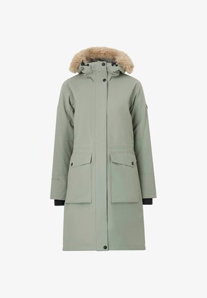 Lichtgroene parka met een gevoerde capuchon van bont, twee voorkeurszakken en zwarte mouwen. Bevat knoopsluitingen en heeft een rechte snit.