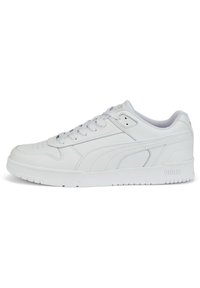 White leather athletic shoe with a smooth finish, lace-up design, perforated toe, and subtle branding on the side and heel.