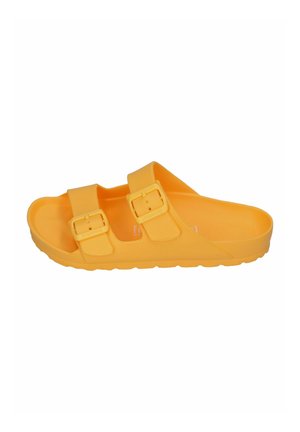 Yellow slip-on sandal with two adjustable buckle straps and a contoured sole designed for casual wear.