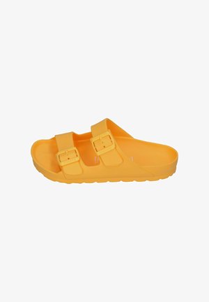 Yellow slip-on sandal with two adjustable buckle straps and a contoured sole designed for casual wear.