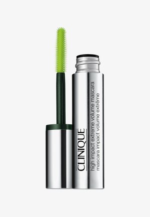 Mascara Clinique High Impact Volume Extrême avec tube argenté et applicateur brosse à poils verts vifs.