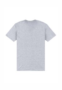 T-shirt grigio, 100% cotone, maniche corte, collo tondo, texture liscia con un sottile motivo melangiato, senza grafiche o dettagli visibili.
