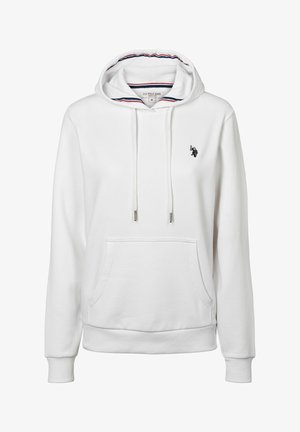 Hvit hettegenser laget av mykt materiale, med kengurulomme, justerbare snorer, ribbestrikkede mansjetter, og en liten detalj av svart logo.