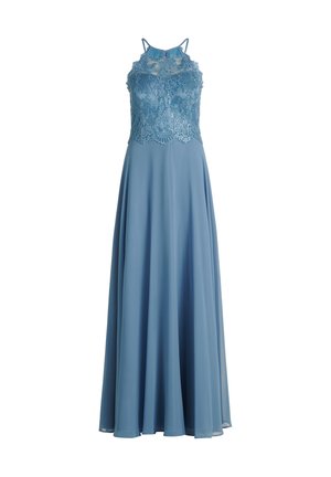 Blaues ärmelloses Abendkleid mit einem Oberteil aus floraler Spitze, transparentem Ausschnitt und einem fließenden, bodenlangen Chiffonrock.