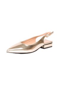 Scarpe flat slingback in oro metallico con punta a forma di punta, tacco basso a blocco e dettaglio con fibbia sulla cinghia. Texture liscia in tutto.