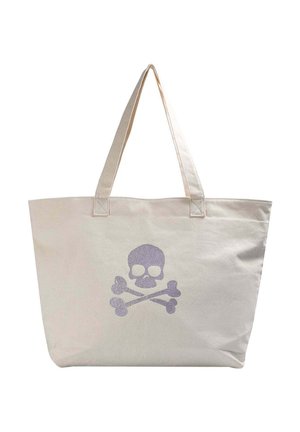 Borsa a spalla in tela color crema con un design di teschio e tibie in glitter viola. Presenta manici lunghi e un interno spazioso.