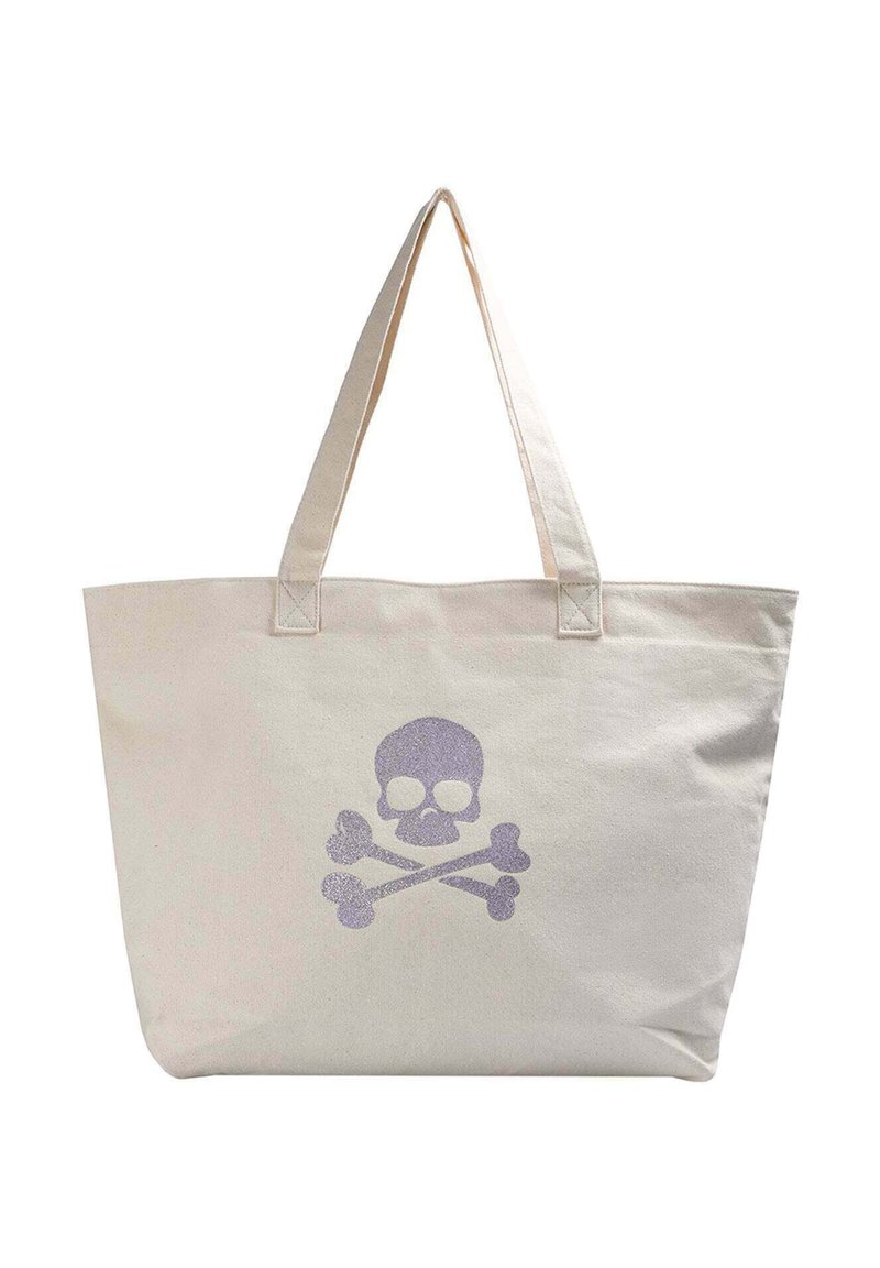 Borsa a spalla in tela color crema con un design di teschio e tibie in glitter viola. Presenta manici lunghi e un interno spazioso.