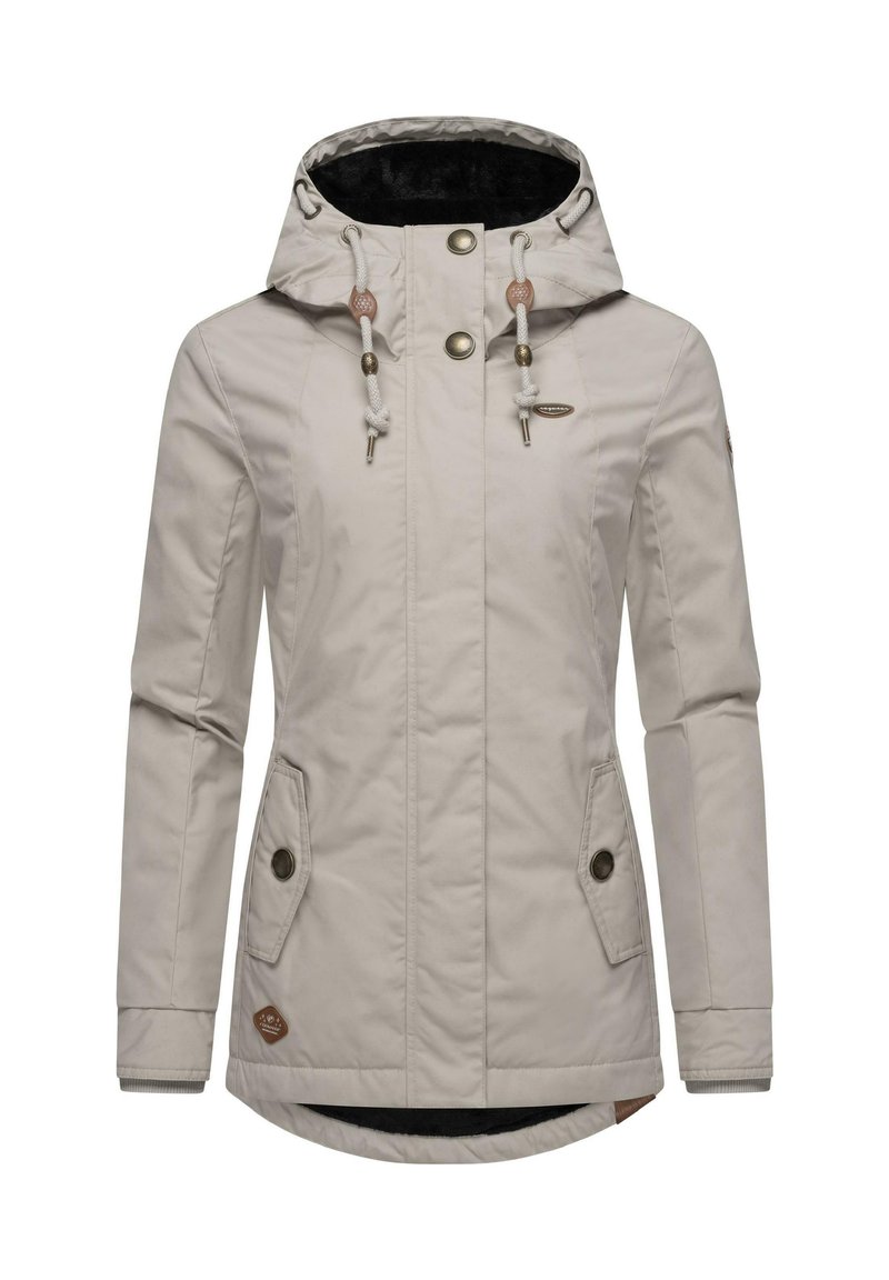 Light beige waterproof jacket with a hood, drawstring, two front pockets, and a textured interior. Features bronze buttons and logo patch.