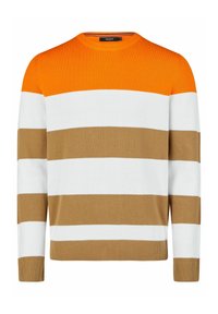 Gestreifter Strickpullover in Orange, Weiß und Braun mit rundem Halsausschnitt und geripptem Saum. Das Material wirkt strukturiert und leicht lässig.