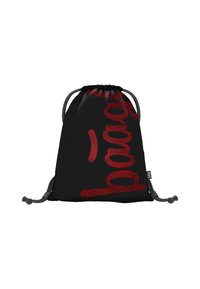 Sacca con coulisse realizzata in tessuto nero, caratterizzata da un design grafico rosso testurizzato. Include cordini grigi per la chiusura e il trasporto.