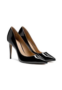 Black patent leather high heels with a pointed toe and stiletto heel. Semi-matte inner lining and seamless, curved design.