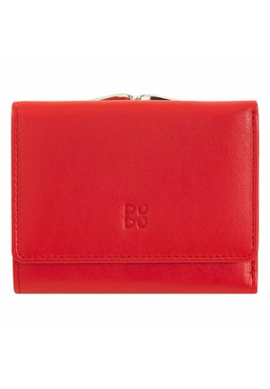 Red leather wallet with stitched edges, embossed "DUDU" logo on front, and metal clasp closure at the top.