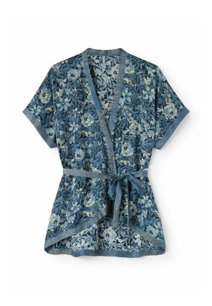Blau geblümte Kurzarm-Wickelbluse mit Bindegürtel und strukturiertem Besatz entlang des Ausschnitts, der Ärmel und des Saums.