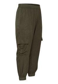 Olive zelené cargo kalhoty s elastickým pasem, bočními kapsami a zúženými kotníky; vyrobené z textura látky pro pohodlí.
