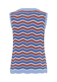 Veste sans manches tricotée avec des rayures en zigzag bleu, rouille, blanc, et des bords côtelés bleu clair, vue de dos.