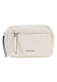 Petite pochette rectangulaire en cuir crème perforé avec poche avant zippée et fermeture éclair métallique, marquée SURI FREY en lettres marron.