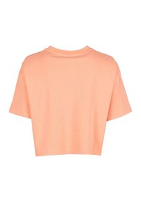 Trumpas šviesiai persikų spalvos marškinėliai, trumpomis rankovėmis, minkšta medvilnės medžiaga, apvalus kaklas, lygus paviršius, minimalistinis dizainas ir be matomų logotipų.