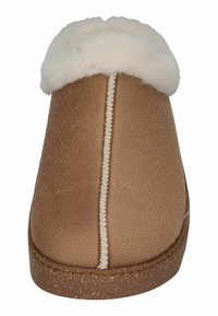 Brown slip-on shoe featuring a soft white faux fur cuff, smooth textured upper with a central seam, and a textured brown rubber sole.